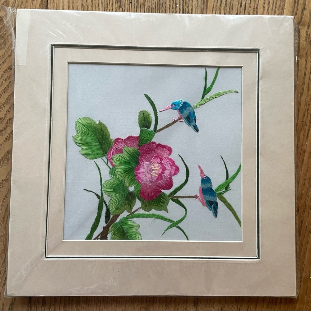 Rare Vintage Asian Silk Embroidery Hummingbird Flower 12” in Mat